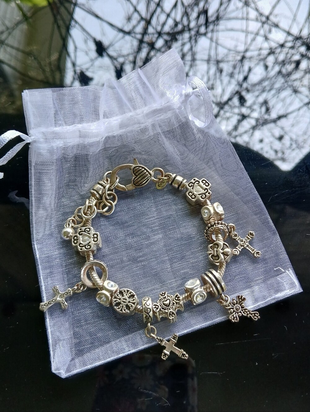 Premier Designs Charm Bracelet Silvertone Religious Cross Christian Jewelry